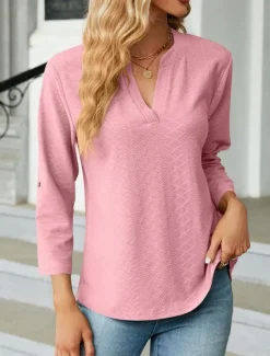 Discount Women's Shirt Blouse Solid Color Basic Casual Long Sleeve Notched Neck Regular Tops Daily Pink Wine Green Summer Spring Women Blouses & Shirts