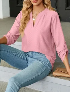 Discount Women's Shirt Blouse Solid Color Basic Casual Long Sleeve Notched Neck Regular Tops Daily Pink Wine Green Summer Spring Women Blouses & Shirts