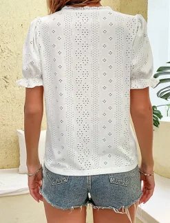 Discount Women's Shirt Blouse Solid Color Elegant Stylish Basic Short Sleeve V Neck Regular Tops Daily Embroidered Summer Spring Women Blouses & Shirts|Shirts