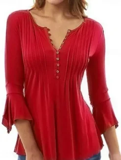 Discount Women's Shirt Blouse Streetwear Casual 3/4 Length Sleeve Shirt Collar Regular Tops Holiday Weekend Pleated Women Tunic Tops