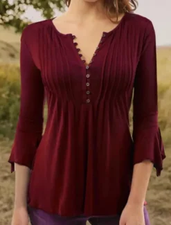 Discount Women's Shirt Blouse Streetwear Casual 3/4 Length Sleeve Shirt Collar Regular Tops Holiday Weekend Pleated Women Tunic Tops