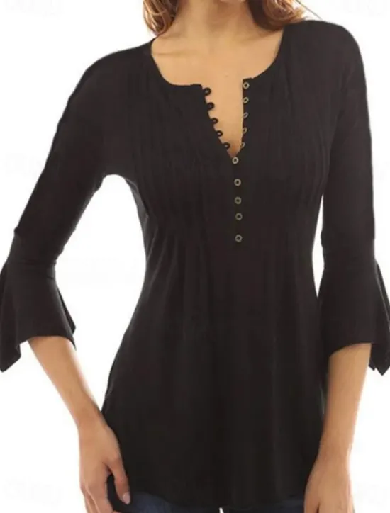 Discount Women's Shirt Blouse Streetwear Casual 3/4 Length Sleeve Shirt Collar Regular Tops Holiday Weekend Pleated Women Tunic Tops