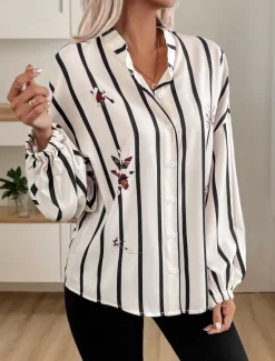 New Women's Shirt Blouse Striped Casual Long Sleeve Shirt Collar Regular Tops Daily Buttons Print Fall Winter Women Blouses & Shirts