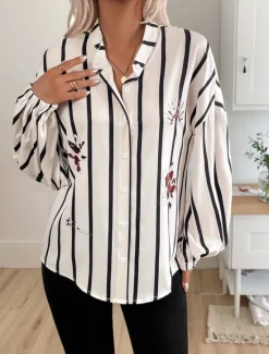 New Women's Shirt Blouse Striped Casual Long Sleeve Shirt Collar Regular Tops Daily Buttons Print Fall Winter Women Blouses & Shirts