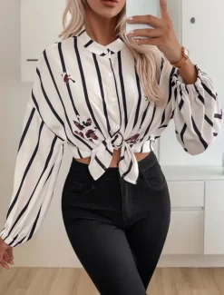 New Women's Shirt Blouse Striped Casual Long Sleeve Shirt Collar Regular Tops Daily Buttons Print Fall Winter Women Blouses & Shirts