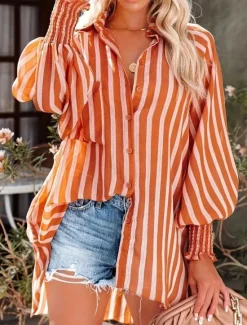 Outlet Women's Shirt Blouse Striped Stylish Casual Long Sleeve Shirt Collar Regular Tops Daily Pocket Print White Orange Summer Spring Women Blouses & Shirts