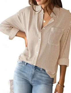 Hot Women's Shirt Blouse Striped Stylish Casual Long Sleeve Shirt Collar Regular Tops Daily Buttons Pocket Pink Blue Green Khaki Summer Spring Women Blouses & Shirts