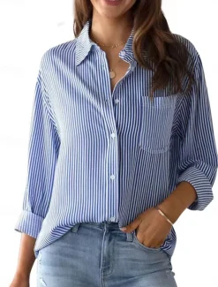 Hot Women's Shirt Blouse Striped Stylish Casual Long Sleeve Shirt Collar Regular Tops Daily Buttons Pocket Pink Blue Green Khaki Summer Spring Women Blouses & Shirts