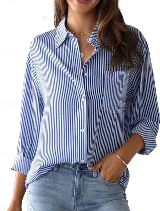 Hot Women's Shirt Blouse Striped Stylish Casual Long Sleeve Shirt Collar Regular Tops Daily Buttons Pocket Pink Blue Green Khaki Summer Spring Women Blouses & Shirts