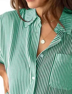 Hot Women's Shirt Blouse Striped Stylish Casual Long Sleeve Shirt Collar Regular Tops Daily Buttons Pocket Pink Blue Green Khaki Summer Spring Women Blouses & Shirts