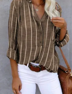 New Women's Shirt Blouse Striped Stylish Casual Long Sleeve Shirt Collar Regular Tops Daily Buttons Print White Khaki Gray Summer Spring Women Blouses & Shirts