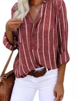 New Women's Shirt Blouse Striped Stylish Casual Long Sleeve Shirt Collar Regular Tops Daily Buttons Print White Khaki Gray Summer Spring Women Blouses & Shirts