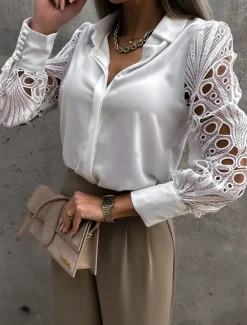 Best Women's Shirt Blouse White Eyelet Tops Black White Plain Lace Button Long Sleeve Daily Weekend Streetwear Casual Shirt Collar Regular S Women Blouses & Shirts