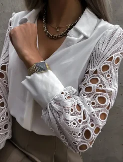 Best Women's Shirt Blouse White Eyelet Tops Black White Plain Lace Button Long Sleeve Daily Weekend Streetwear Casual Shirt Collar Regular S Women Blouses & Shirts