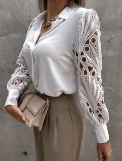 Best Women's Shirt Blouse White Eyelet Tops Black White Plain Lace Button Long Sleeve Daily Weekend Streetwear Casual Shirt Collar Regular S Women Blouses & Shirts