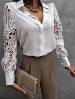 Best Women's Shirt Blouse White Eyelet Tops Black White Plain Lace Button Long Sleeve Daily Weekend Streetwear Casual Shirt Collar Regular S Women Blouses & Shirts