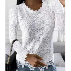 Outlet Women's Shirt Blouse White Eyelet Tops Black White Pink Plain Lace Long Sleeve Work Streetwear Casual Round Neck Regular Floral S Women Lace Tops