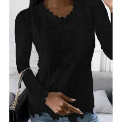 Outlet Women's Shirt Blouse White Eyelet Tops Black White Pink Plain Lace Long Sleeve Work Streetwear Casual Round Neck Regular Floral S Women Lace Tops