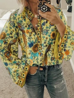 Sale Women's Shirt Blouse Yellow Pink Dusty Rose Graphic Floral Button Print Long Sleeve Daily Holiday Vintage Boho Streetwear Round Neck Regular Boho S Women Boho Tops