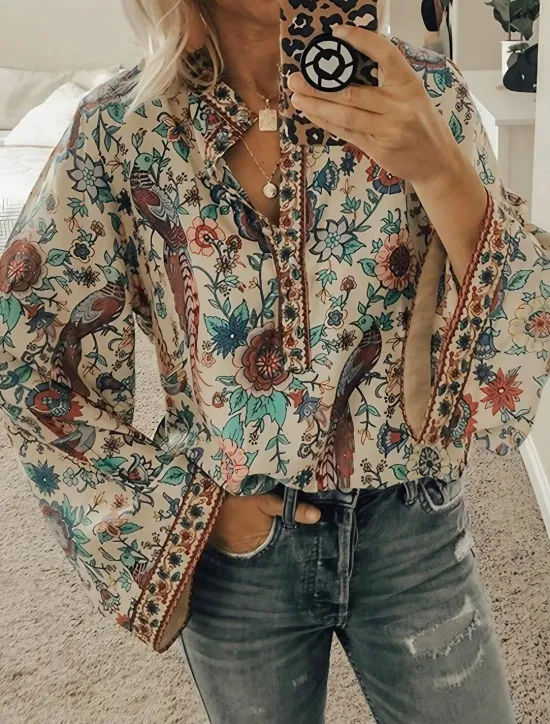 Sale Women's Shirt Blouse Yellow Pink Dusty Rose Graphic Floral Button Print Long Sleeve Daily Holiday Vintage Boho Streetwear Round Neck Regular Boho S Women Boho Tops