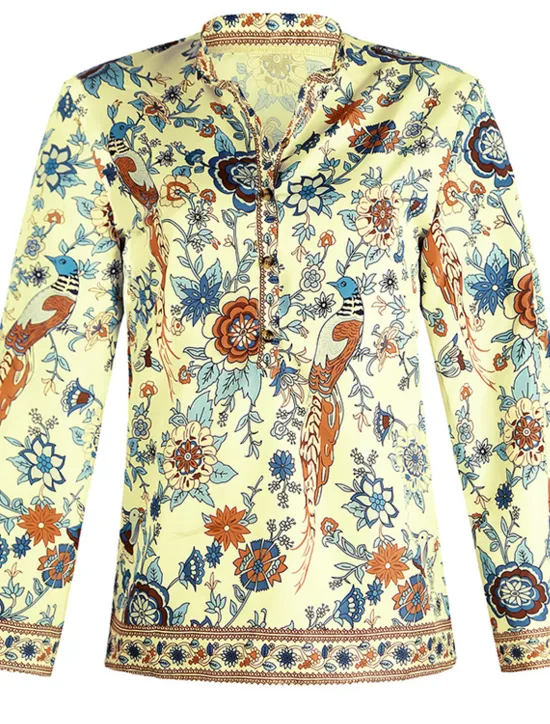 Sale Women's Shirt Blouse Yellow Pink Dusty Rose Graphic Floral Button Print Long Sleeve Daily Holiday Vintage Boho Streetwear Round Neck Regular Boho S Women Boho Tops