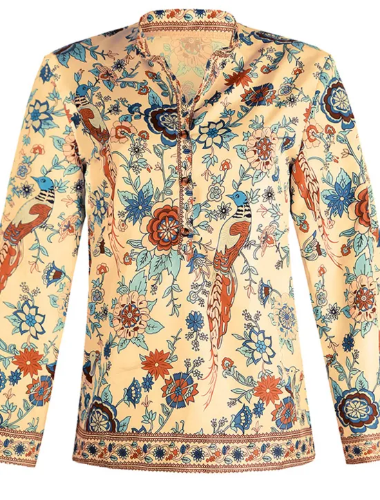 Sale Women's Shirt Blouse Yellow Pink Dusty Rose Graphic Floral Button Print Long Sleeve Daily Holiday Vintage Boho Streetwear Round Neck Regular Boho S Women Boho Tops