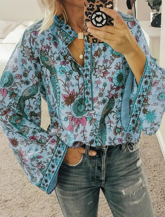 Sale Women's Shirt Blouse Yellow Pink Dusty Rose Graphic Floral Button Print Long Sleeve Daily Holiday Vintage Boho Streetwear Round Neck Regular Boho S Women Boho Tops