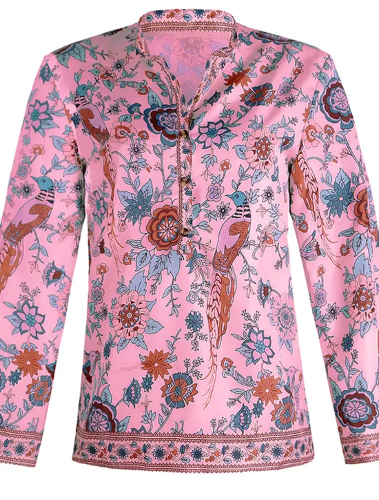Sale Women's Shirt Blouse Yellow Pink Dusty Rose Graphic Floral Button Print Long Sleeve Daily Holiday Vintage Boho Streetwear Round Neck Regular Boho S Women Boho Tops