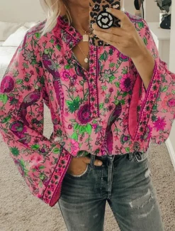 Sale Women's Shirt Blouse Yellow Pink Dusty Rose Graphic Floral Button Print Long Sleeve Daily Holiday Vintage Boho Streetwear Round Neck Regular Boho S Women Boho Tops