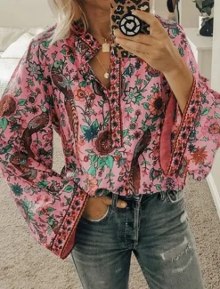Sale Women's Shirt Blouse Yellow Pink Dusty Rose Graphic Floral Button Print Long Sleeve Daily Holiday Vintage Boho Streetwear Round Neck Regular Boho S Women Boho Tops