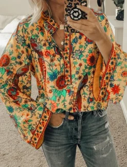 Sale Women's Shirt Blouse Yellow Pink Dusty Rose Graphic Floral Button Print Long Sleeve Daily Holiday Vintage Boho Streetwear Round Neck Regular Boho S Women Boho Tops