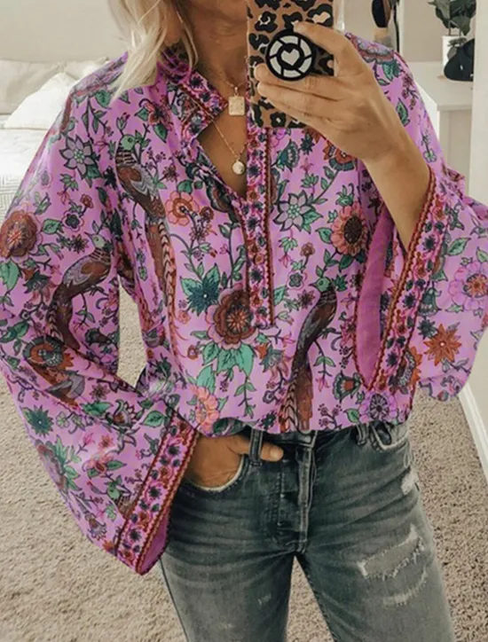 Sale Women's Shirt Blouse Yellow Pink Dusty Rose Graphic Floral Button Print Long Sleeve Daily Holiday Vintage Boho Streetwear Round Neck Regular Boho S Women Boho Tops
