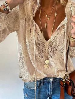 Online Women's Shirt Boho Shirt Blouse Solid Color Stylish Casual Long Sleeve V Neck Regular Tops Daily Lace Patchwork Black White Pink Beige Summer Spring Women Lace Tops