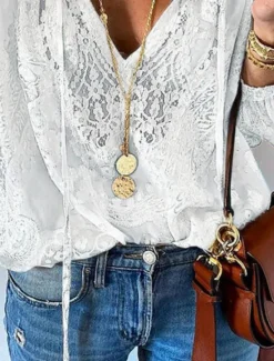 Online Women's Shirt Boho Shirt Blouse Solid Color Stylish Casual Long Sleeve V Neck Regular Tops Daily Lace Patchwork Black White Pink Beige Summer Spring Women Lace Tops