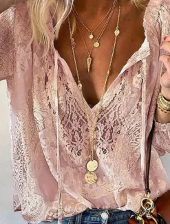 Online Women's Shirt Boho Shirt Blouse Solid Color Stylish Casual Long Sleeve V Neck Regular Tops Daily Lace Patchwork Black White Pink Beige Summer Spring Women Lace Tops