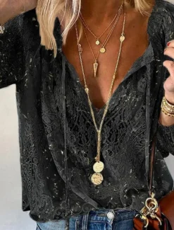 Online Women's Shirt Boho Shirt Blouse Solid Color Stylish Casual Long Sleeve V Neck Regular Tops Daily Lace Patchwork Black White Pink Beige Summer Spring Women Lace Tops