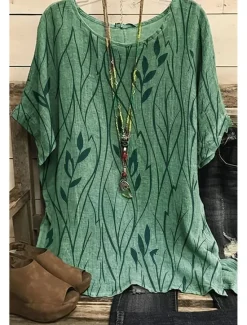 New Women's Shirt Boho Shirt Blouse Fashion Print Short Sleeve Regular Tops Round Neck Casual Holiday Yellow Pink Blue Green Summer Women Boho Tops