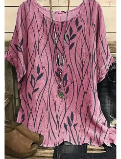 New Women's Shirt Boho Shirt Blouse Fashion Print Short Sleeve Regular Tops Round Neck Casual Holiday Yellow Pink Blue Green Summer Women Boho Tops