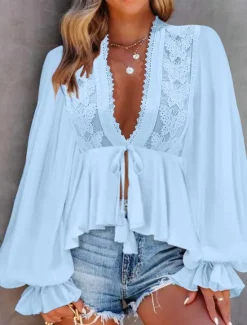 Women's Shirt Boho Shirt Blouse Plain Fashion V Neck Street Daily Lace White Sky Blue Summer Women Lace Tops