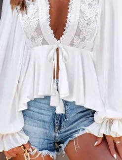 Women's Shirt Boho Shirt Blouse Plain Fashion V Neck Street Daily Lace White Sky Blue Summer Women Lace Tops