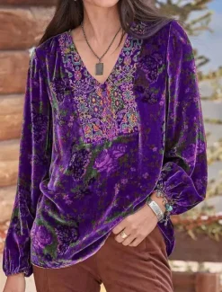 Best Women's Shirt Boho Shirt Blouse Velvet Basic Floral Print Long Sleeve Regular Tops V Neck Party New Year Yellow Red Purple Gray Spring Fall Women Boho Tops