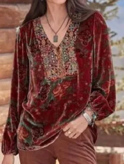 Best Women's Shirt Boho Shirt Blouse Velvet Basic Floral Print Long Sleeve Regular Tops V Neck Party New Year Yellow Red Purple Gray Spring Fall Women Boho Tops