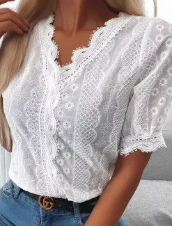 Clearance Women's Shirt Boho Shirt Blouse Solid Color Stylish Casual Short Sleeve V Neck Regular Tops Daily Lace Summer Spring Women Lace Tops