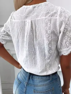 Clearance Women's Shirt Boho Shirt Blouse Solid Color Stylish Casual Short Sleeve V Neck Regular Tops Daily Lace Summer Spring Women Lace Tops