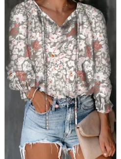 Outlet Women's Shirt Boho Shirt Blouse Fashion Floral Geometric Lace up Print Long Sleeve Regular Tops V Neck Casual Holiday Black White Pink Wine Red Spring & Fall Women Boho Tops