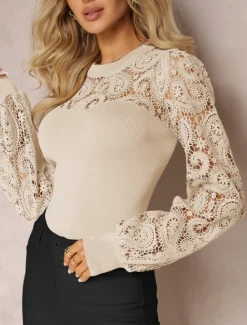 Women's Shirt Boho Shirt Blouse Solid Color Business Modern Casual Long Sleeve Crew Neck Regular Tops Work Formal Wear Lace Beige Summer Spring Women Lace Tops