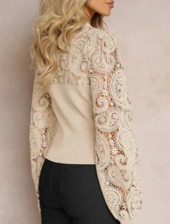 Women's Shirt Boho Shirt Blouse Solid Color Business Modern Casual Long Sleeve Crew Neck Regular Tops Work Formal Wear Lace Beige Summer Spring Women Lace Tops