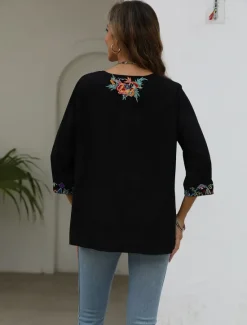 Sale Women's Shirt Boho Shirt Floral Flower Casual Boho 3/4 Length Sleeve Elbow Sleeve V Neck Regular Tops Carnival Vacation Party Embroidered Summer Spring & Summer Women Boho Tops