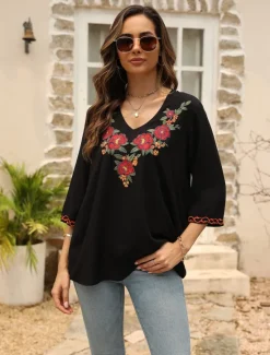 Hot Women's Shirt Boho Shirt Floral Flower Casual Boho Short Sleeve Elbow Sleeve V Neck Regular Tops Carnival Vacation Party Embroidered Summer Spring & Summer Women Spring Tops|Boho Tops