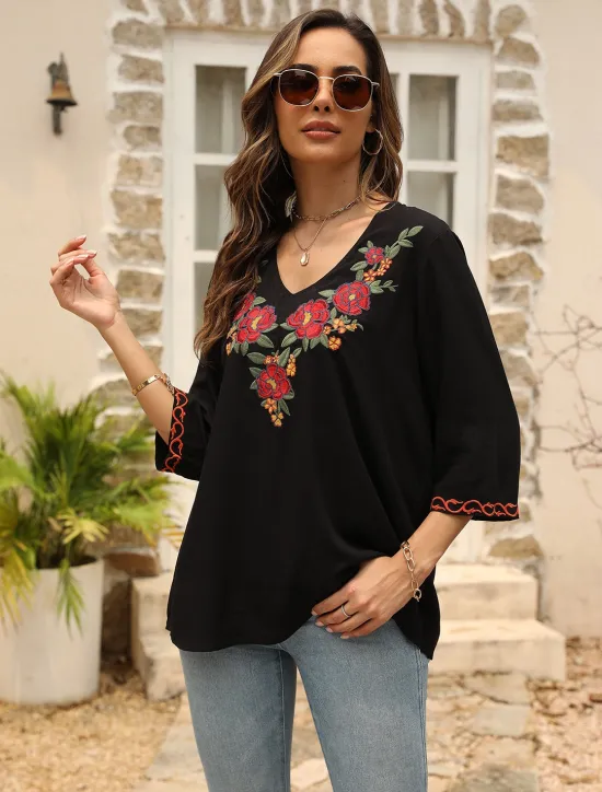 Hot Women's Shirt Boho Shirt Floral Flower Casual Boho Short Sleeve Elbow Sleeve V Neck Regular Tops Carnival Vacation Party Embroidered Summer Spring & Summer Women Spring Tops|Boho Tops